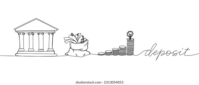 Deposit, money bag, coins, bank one line art. Continuous line drawing of bank, financial, payment, data, economic, wealth credit with an inscription, lettering, handwritten.