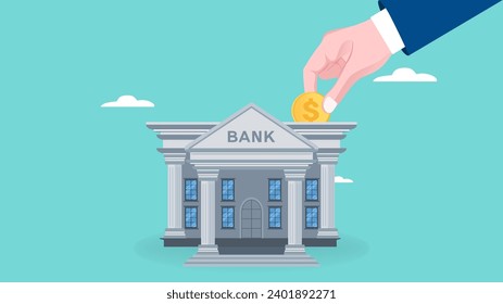 deposit money in a bank vector illustration, object financial investment, cash deposit to the bank, profit in crease concept, businessman hand putting golden coin into bank building concept design