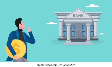 deposit money in a bank vector illustration, object financial investment, cash deposit to the bank, profit in crease concept, businessman bring golden coin into bank building concept illustration