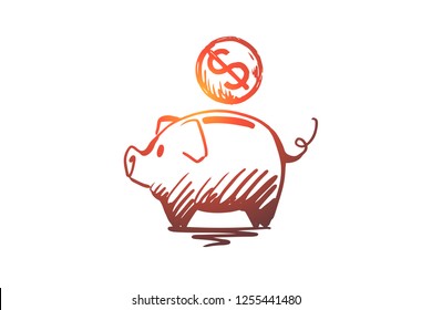 Deposit, money, banking, investment, savings concept. Hand drawn piggy bank with money concept sketch. Isolated vector illustration.