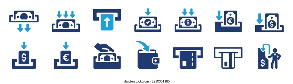 Deposit money icon set. Deposit cash from atm machine icon. Banking and transaction symbol solid design. - Shutterstock ID 2210351185