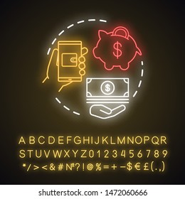 Deposit neon light concept icon. Savings, investments. Casino deposit bonus idea. Digital wallet payment. Cash back and piggy bank. Glowing sign with alphabet, numbers. Vector isolated illustration