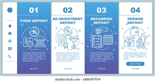 Deposit onboarding mobile web pages vector template. Banking service. Responsive smartphone website interface idea with linear illustrations. Webpage walkthrough step screens. Color concept 