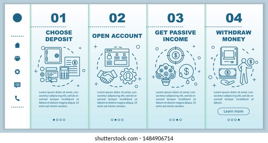 Deposit onboarding mobile web pages vector template. Banking service. Responsive smartphone website interface idea with linear illustrations. Webpage walkthrough step screens. Color concept 