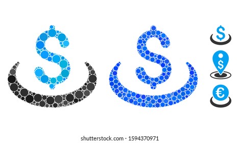 Deposit placement composition of small circles in variable sizes and color tints, based on deposit placement icon. Vector small circles are combined into blue mosaic.