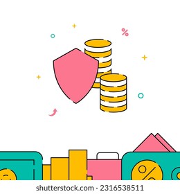 The deposit is protected, coin stack with shield filled line vector icon, simple illustration, related bottom border.