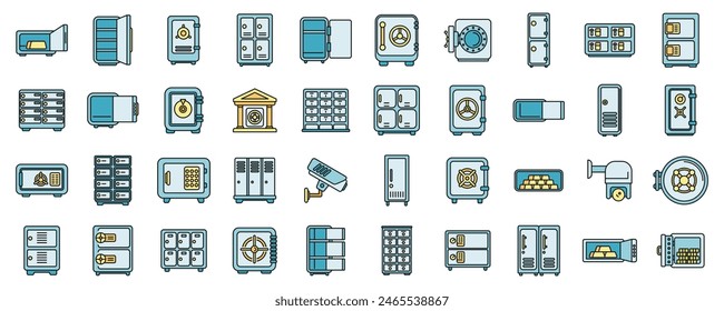 Deposit room icons set outline vector. Money box. Security access thin line color flat on white