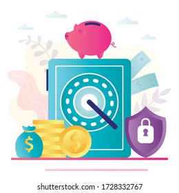 Deposit safe, piggy bank and golden coins. Concept saving money, protections cash and banking. Finance security, strongbox. Idea of bank financing, financial services. Trendy flat vector illustration