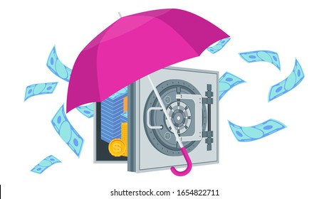 Deposit safe under umbrella. Bank safe, metal vault. Business metaphor. Protection of deposits and investments. Bank secrecy. Money insurance against risks and force majeure. Flat vector carto