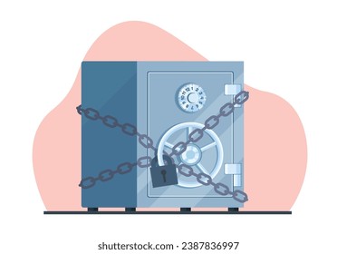 Deposit security concept, safe tethered with chains and padlocked. Storage metal box for money and documents. Banking deposit symbol. Cartoon flat style isolated illustration. Vector concept