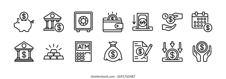 Conjunto de iconos de línea delgada de depósito. Contiene administración de dinero, ganancias, ahorros, banca, caja fuerte, cajero automático, cartera, hucha, inversión, préstamo, contrato, calendario, oro, fecha límite. Ilustración vectorial