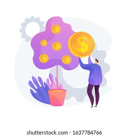 Deposit withdrawal. Bank client, taking loan. Money lending, return on investment, salary payment. Banker, depositor plucking coins from tree. Vector isolated concept metaphor illustration