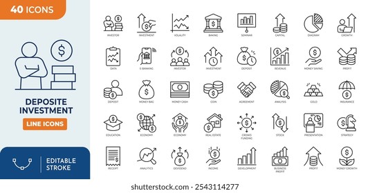 Deposite investment Line Editable Icon set.	
