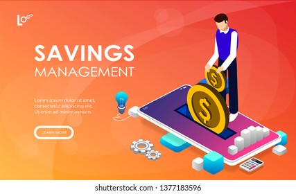 Depositing, banknote banner. Money on smartphone, coin holding. Bank concept for infographics, hero images. Flat isometric vector illustration. Web banner on gradient background.