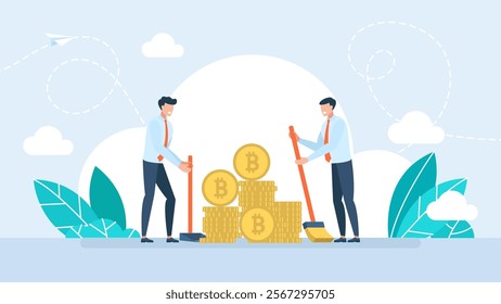 Depreciation crypto currency. High volatility of crypto assets leads to bankruptcy. Throw away bitcoin. Businessman sells cryptocurrency, price falls rapidly. Vector illustration