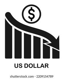 Depreciation Of Dollar. Inflation. Economic Recession Icon. Fall In The Value Of Money. Monetary Policy. Down Arrow.  Downward Graph. Outline. Isolate On White Background. Vector