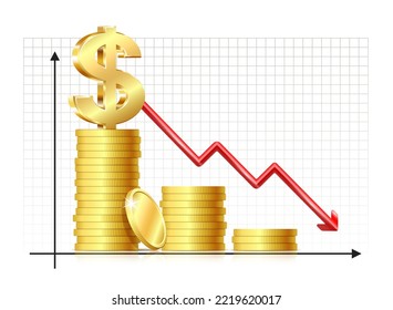 Depreciation Of Dollar. Inflation. Economic Recession Icon. Dollar Sign With Chart, Down Arrow And Coins. Vector Illustration