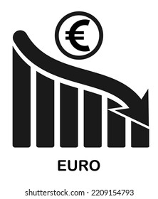 Depreciation Of Euro. Inflation. Economic Recession Icon. Fall In The Value Of Money. Monetary Policy. Down Arrow.  Downward Graph. Outline. Isolate On White Background. Vector