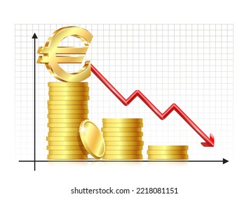 Depreciation of Euro. Inflation. Economic recession icon. Euro sign with chart, down arrow and coins. Vector illustration