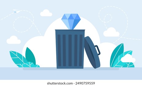 Depreciation of moral values. Find a diamond in the trash heap. accidentally throw a jewel into the trash. Trash can with a diamond. Flat vector illustration.