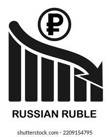 Depreciation Of Ruble. Inflation. Economic Recession Icon. Fall In The Value Of Money. Monetary Policy. Down Arrow.  Downward Graph. Outline. Isolate On White Background. Vector