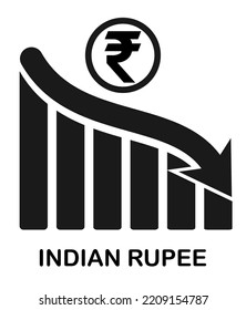 Depreciation of Rupee. Inflation. Economic recession icon. Fall in the value of money. Monetary policy. Down arrow.  Downward graph. Outline. Isolate on white background. Vector