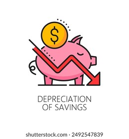 Depreciation of savings line icon with color broken piggy bank, money and down arrow graph. Vector finance, business and economy crisis, money loss and bankruptcy isolated outline symbol