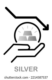 Abschreibungen von Silver. Schwankungen während der steigenden Zinspolitik. Geld in der Hand. Pfeil nach unten. Ingots aus Silber. Umriss. Einzeln auf weißem Hintergrund. Vektorgrafik