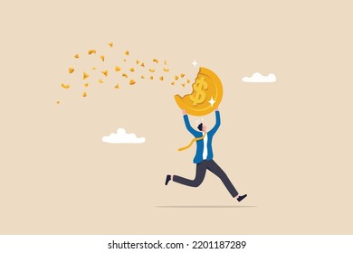 Depreciation, value reduce or drop, losing money from investment or economic recession, inflation or asset decline concept, businessman run away with value decrease dissolve dollar money coin.