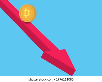 Depreciation of virtual money bitcoin. Red arrow and golden Bitcoin. Vector illustration