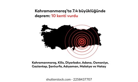 Kahramanmaraş Depremi
Translation: The 7.4 magnitude earthquake in Kahramanmaraş hit 10 cities. Kahramanmaraş, Kilis, Diyarbakır, Adana, Osmaniye, Gaziantep, Şanlıurfa, Adıyaman, Malatya and Hatay.