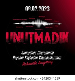 Türkiye Depremi. Übersetzung: Die Türkei Erdbeben. Komm bald wieder zu uns allen. Kahramanmaras, Hatay, Osmaniye, Adıyaman, Gaziantep, Sanliurfa Diyarbakir, Malatya, Adana.