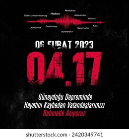 Türkiye Depremi. Translation: Turkey Earthquake. Get well soon to all of us. Kahramanmaras, Hatay, Osmaniye, Adıyaman, Gaziantep, Sanliurfa Diyarbakir, Malatya, Adana.