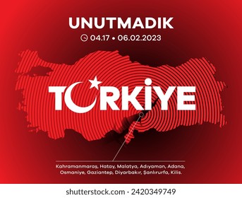 Türkiye Depremi. Translation: Turkey Earthquake. Get well soon to all of us. Kahramanmaras, Hatay, Osmaniye, Adıyaman, Gaziantep, Sanliurfa Diyarbakir, Malatya, Adana.