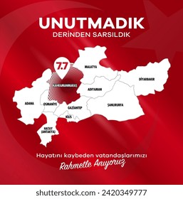 Türkiye Depremi. Translation: Turkey Earthquake. Get well soon to all of us. Kahramanmaras, Hatay, Osmaniye, Adıyaman, Gaziantep, Sanliurfa Diyarbakir, Malatya, Adana.