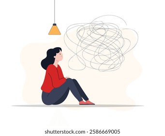 A Depress sitting  woman overthink something AND depress  , She sit on floor in room under light and continue to thinking (over think concept 2d illustration )