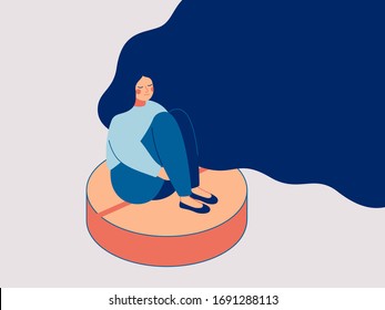 Depress woman sits on the big pill. Concept of influence side effects of pills on the women’s moods. Vector