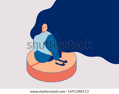 Depress woman sits on the big pill. Concept of influence side effects of pills on the women’s moods. Vector