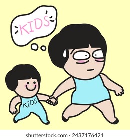 Depressed Adults Woman Walking With Kids And Wishing To Become Kids Again. Being Kids Need Not Worrying About The Future Concept Card Character illustration