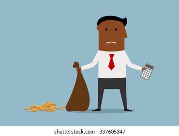 Depressed African American Bankrupt Businessman Standing With Calculator And Empty Money Bag In Hands, For Financial Crisis Or Bankruptcy Theme Design. Cartoon Style