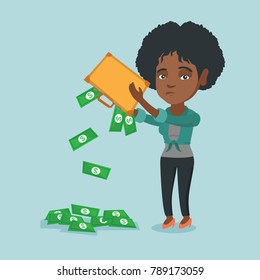 Depressed african penniless woman shaking out money from her briefcase. Despaired penniless woman emptying her briefcase. Bankruptcy and poverty concept. Vector cartoon illustration. Square layout.