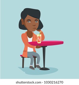 Depressed african woman sitting in the bar and drinking an alcoholic cocktail. Young woman in depression sitting in the bar with an alcoholic cocktail. Vector cartoon illustration. Square layout.