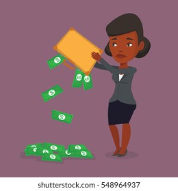 Depressed african-american bankrupt shaking out money from his briefcase. Despaired bankrupt business woman emptying a briefcase. Bankruptcy concept. Vector flat design illustration. Square layout.