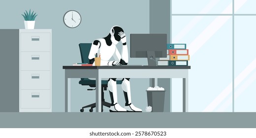 Depressed AI robot sitting at the office desk and working, AI failure concept