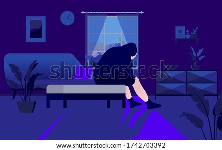 Depressed and alone at home - Sad man sitting in dark living room and crying in front of window, cant sleep, feeling down. Mental illness, sleep problems, regret and insomnia concept. Vector.