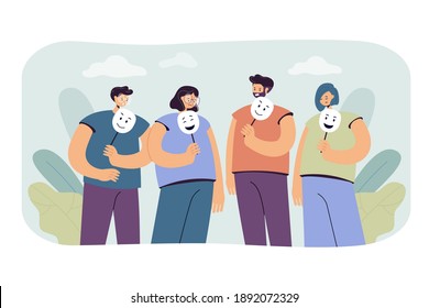 Depressed and angry people holding masks with happy faces for hiding their emotions. Vector illustration for personality, psychology, depression concept