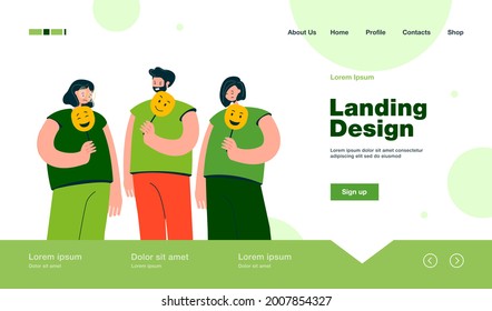 Depressed and angry people holding masks with happy faces for hiding their emotions. Vector illustration for personality, psychology, depression concept
