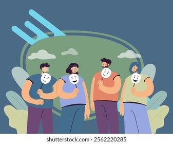 Depressed and angry people holding masks with happy faces for hiding their emotions. Vector illustration for personality, psychology, depression concept