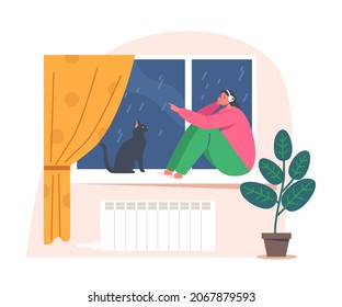 Depressed Anxious Girl Listening Music Sitting on Windowsill with Cat at Rainy Weather. Teenager Character in Depression Feeling Frustrated and Sad at Home, Teen Problems. Cartoon Vector Illustration