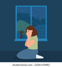 Depressed Anxious Girl Sitting on the floor.  Rainy Weather. Lonely sad woman cries covering her face with her hands.The concept of mental disorder, sadness and depression.Vector Illustration